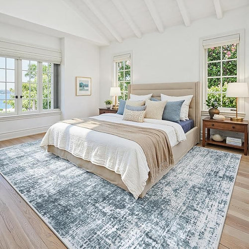 8x10 Area Rugs Washable Rug:Anti-Skid Abstract Modern Living Room Rug Soft Thin Carpets Indoor Floor Non-Shedding Carpet for Bedroom Dining Farmhouse Nursery Home Office(Light Slate Blue/White, 8x10)
