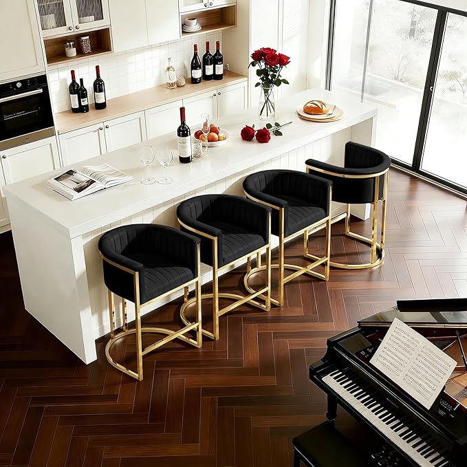 Modern Counter Height Bar Stools,Bar Stools Set of 4,PU Leather Upholstered Barrel Barstools with Backs and Arms,26'' Kitchen Island Chairs,Mirror Champagne Gold Base,Ink Black Leather