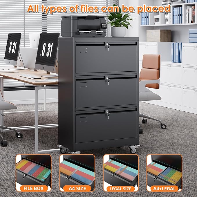 METAN 3 Drawer Lateral File Cabinet on Wheels with Locks, Heavy Duty Metal Rolling Filing Cabinet for Home Office, for Letter, Legal Size Folders, Black, 16" D x 29" W x 47.5" H, Assembly Required