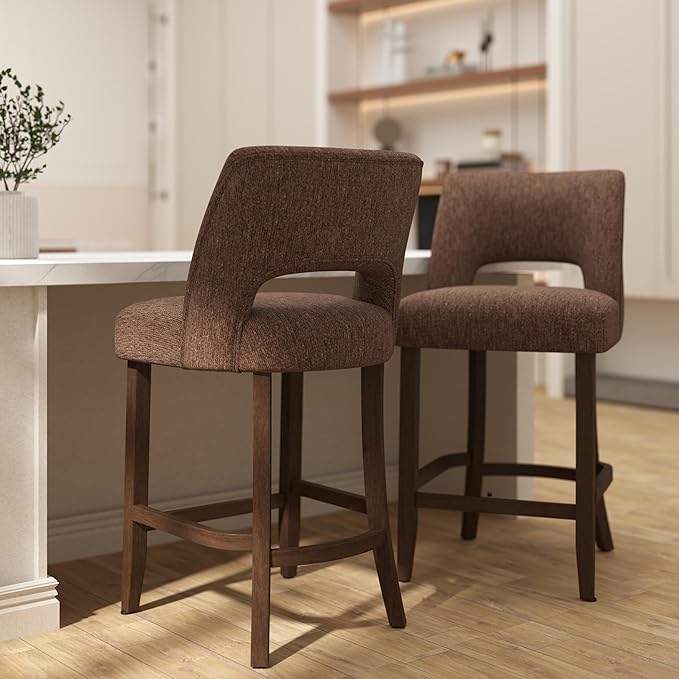 VKNOW Bar Stools Set of 6, 26" Upholstered Counter Height Bar Stools, Modern Counter Stools with Wood Legs for Kitchen Island Dining Room Bar, Brown