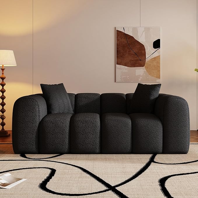 WHGBJA 70" Modern Chenille Fabric Sofa Couch – One-Piece Memory Foam 3-Seater Sofa with Rounded Arms, Soft & Cozy Upholstery for Living Room (Black)