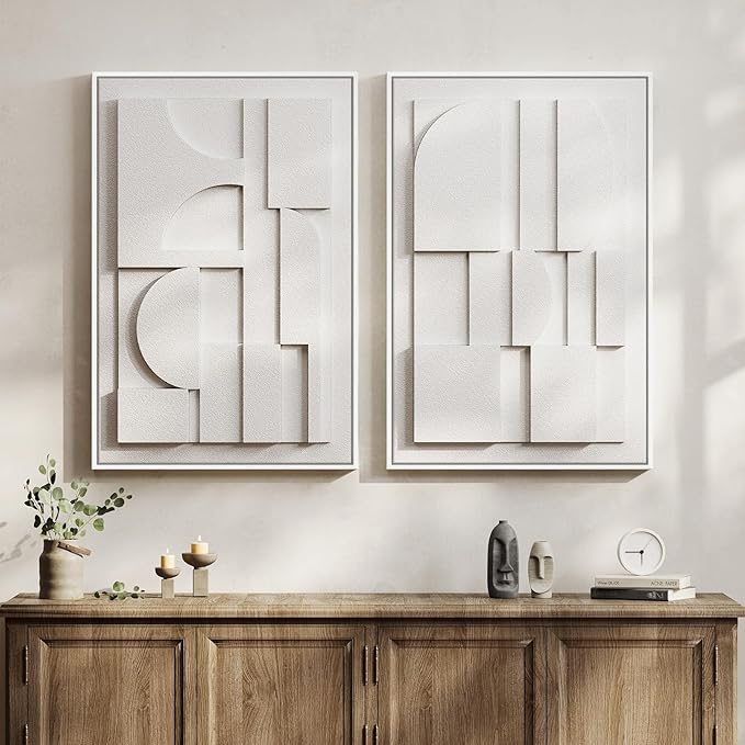 Large 3D Textured Framed White Abstract Wall Art for Living Room, Set of 2 Modern Sandstone Artwork for Walls, White Minimalist Geometric Block Pictures for Bedroom Hallway Office Wall Decor 24x36 In