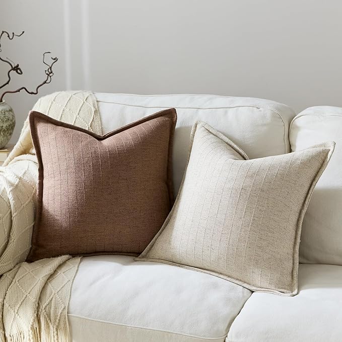 DEZENE 22x22 Linen Pillow Covers Brown Pack of 2 Farmhouse Boho Neutral Accents Striped Textured Square Decorative Throw Pillow Cases for Living Room Couch Bed Home Decor