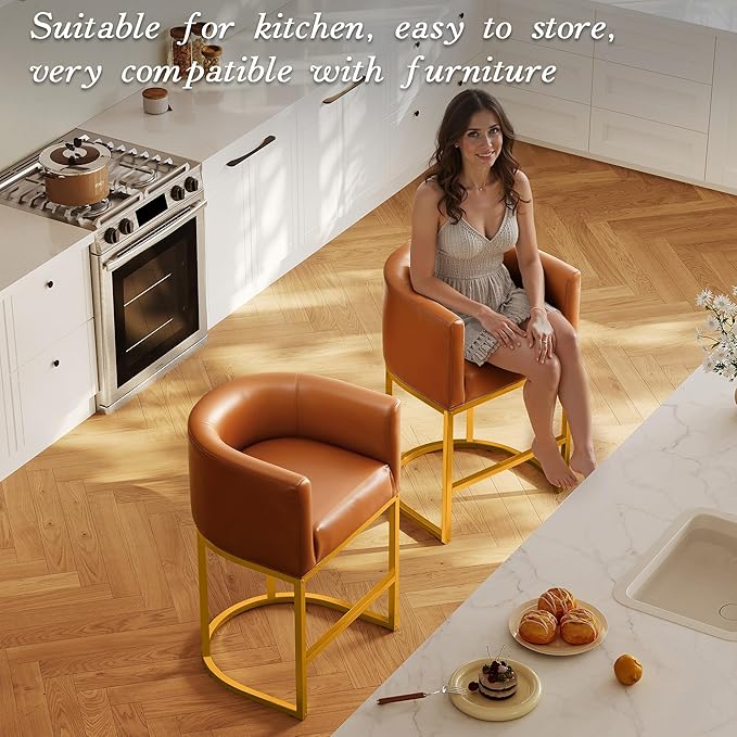 Modern Counter Height Bar Stools,Bar Stools Set of 3,PU Leather Upholstered Barrel Barstools with Backs,24'' Kitchen Island Chairs,Metal Gold Frames,Camel Brown Leather