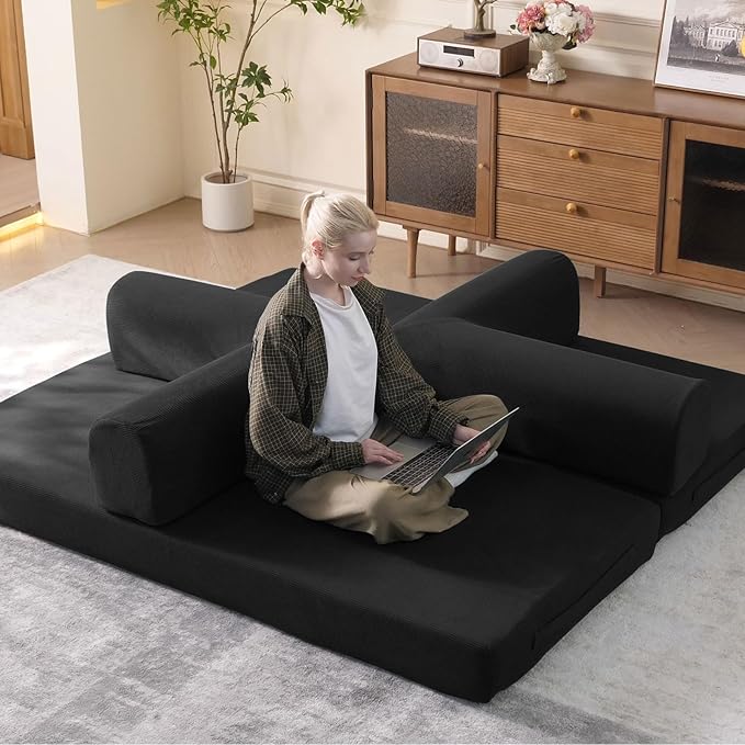 WHGBJA 79" Convertible Sleeper Sofa Bed with Cylindrical Pillow, Corduroy Folding Mattress Couch with Fixed-Shape Frame, Floor Sofa Lounge Couch for Living Room Bedroom Lounge Studio (Black)