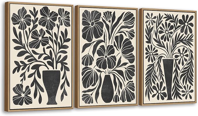 arteWOODS Botanical Framed Wall Art - Neutral Abstract Pictures Vintage Boho Floral Wall Decor Black Beige Minimalist Prints Aesthetic Vase Flowers Painting Artwork 16" x 24" Set of 3 Natural Framed