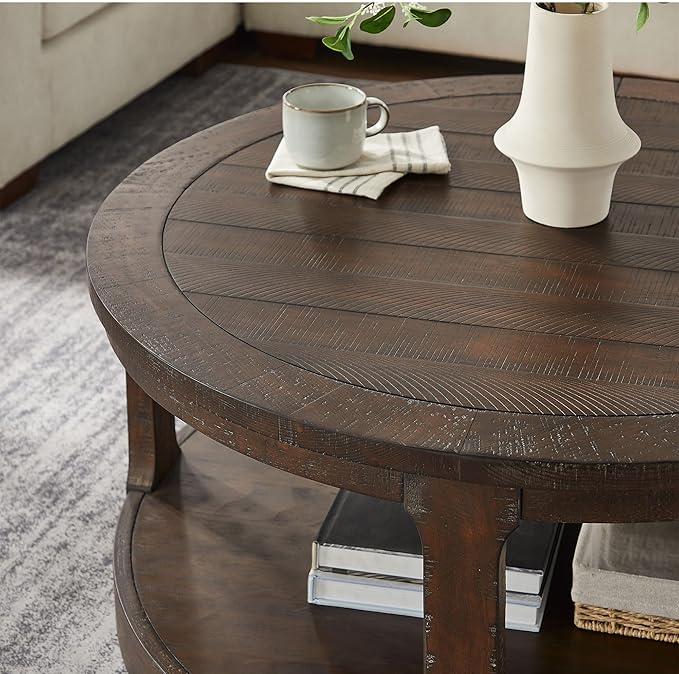 WILLIAMSPACE 40" Round Coffee Table with Wheels, Circle 2 Tier Solid Wood Center Coffee Table, Mid Century Retro Farmhouse Rounded End Table for Living Room Apartment, ø40 x 17.52" H (Dark Brown)