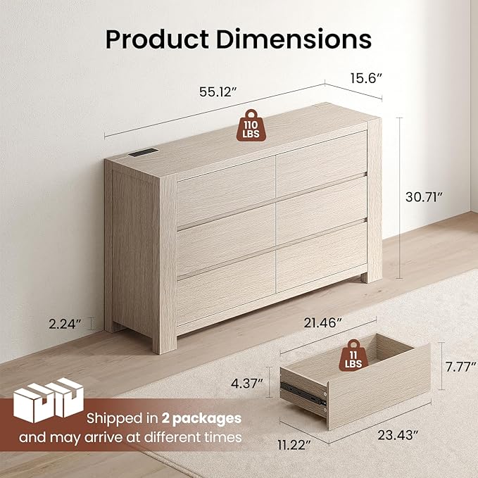 ModernMate 6 Drawer Dresser for Bedroom, 55'' Modern White Oak Chest of Drawers with Charging Station, Wood Bedroom Dresser with Large Storage for Living Room, Entryway, Nursery, Anti-Tipping, Natural