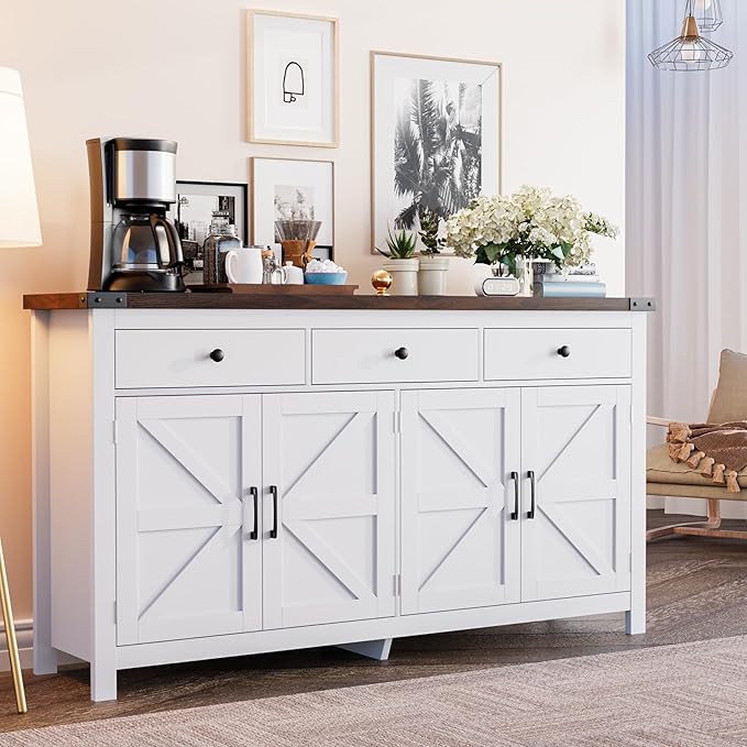 VVFLU 63" Large Sideboard Buffet Cabinet with Storage, Coffee Bar with 3 Drawers and 4 Barn Doors, Modern Farmhouse Storage Cabinet, for Kitchen, Dining Room, Living Room, White Wood