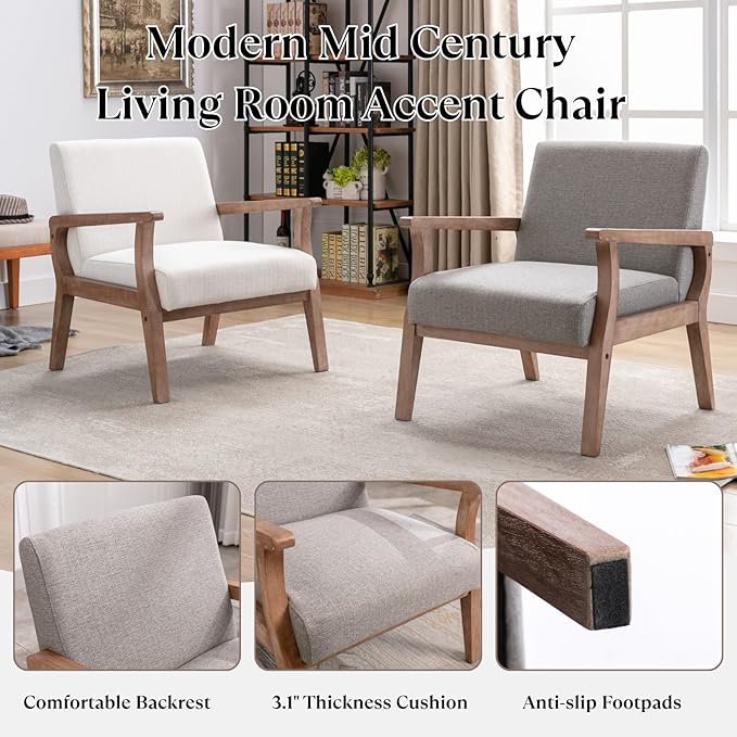 BESTANO Mid Century Modern Accent Chair, Linen Upholstered Living Room Armchair with Wood Frame, Farmhouse Chair for Living Room Bedroom, Gray
