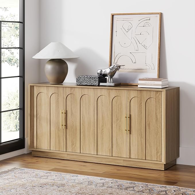 FORTUNETEC Sideboard Buffet Cabinet with Storage, Modern Accent Cabinet with Arched Doors, Boho Modular Media Console, 67" Large Minimalist Credenza for Living Room Kitchen Dining Room Entryway, Oak