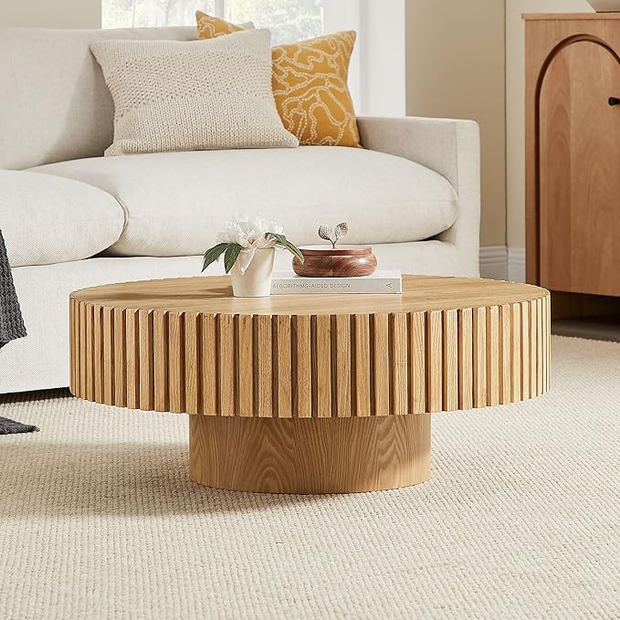 KEVINSPACE Round Coffee Table, 39" Big Wooden Fluted Coffee Table with Fluted Base, Circle Accent Center Table for Living Room Apartment Office Small Space, Easy Assembly, Wood