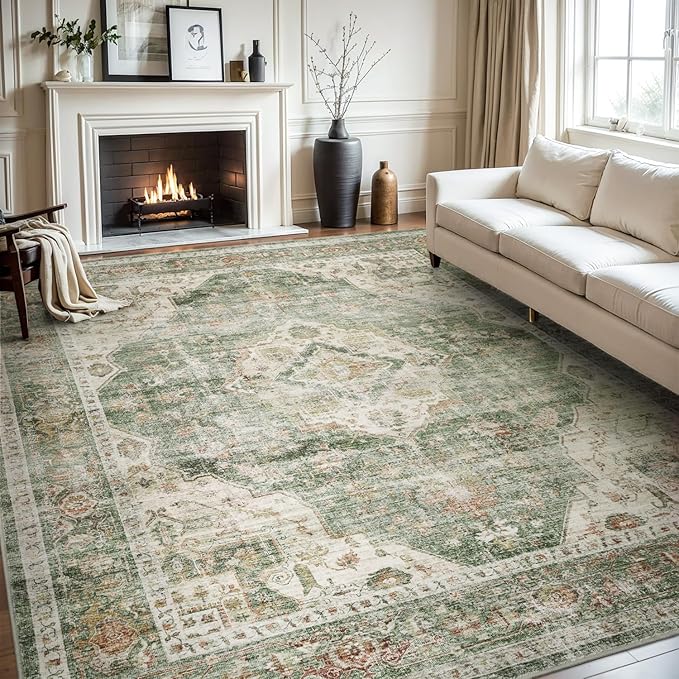 AMOAMI-Area Rug 8X10 Rugs for Living Room-Vintage Soft Green Rugs for Bedroom-Non Slip Carpet-Washable Rug for Dining Room Living Room Bedroom Office Under Table