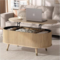JOINICE 42.5" Oval Lift Top Coffee Table with Storage, Modern Oak Center Table with Fluted Design, Solid Wood Legs & Hidden Compartment, Pop Up Coffee Table for Living Roomm