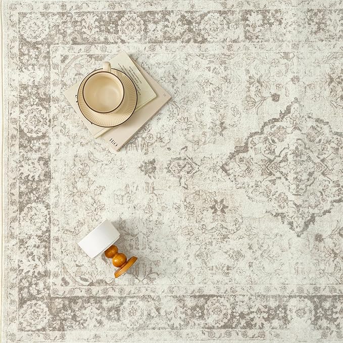 PureCozy 8x10 Area Rugs Beige Washable Living Room Bedroom Carpet Vintage Distressed Large Non Slip Low Pile Thin Dining Room Home Office Medallion Accent Rug