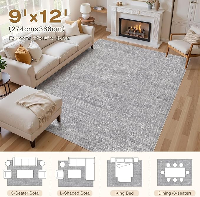 Nakagishi Area Rugs 9x12 Living Room: Washable Large Vintage Grey Rug Neutral Non-Slip Soft Stain Resistant Indoor Carpet for Bedroom Nursery Dining Room Under Table Bed Home House Office Playroom