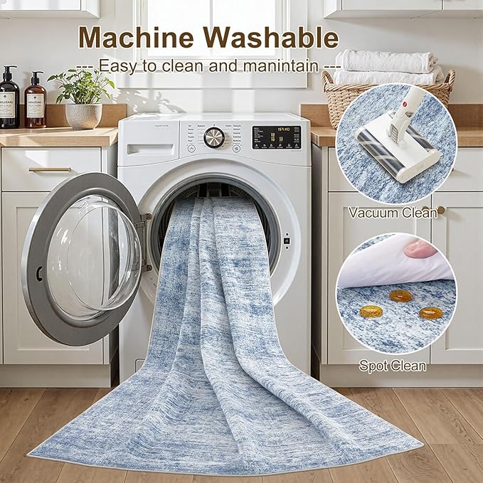 cotiled Large Area Rugs for Living Room 8x10, Machine Washable Rugs with Non Slip Backing Modern Neutral Abstract Rugs Stain Resistant Distressed Carpets for Home Office Decor (8x10 Blue)