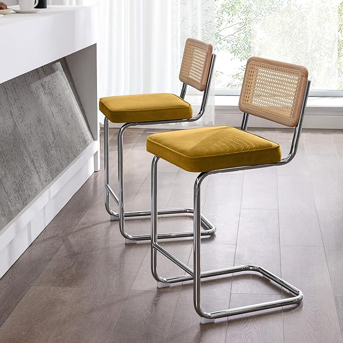 Zesthouse Natural Rattan Counter Stools Set of 3, 26" Mid Century Modern Bar Stools with Solid Wood Frame & Chrome Base, Upholstered Velvet Counter Height Barstools for Kitchen Island, Yellow