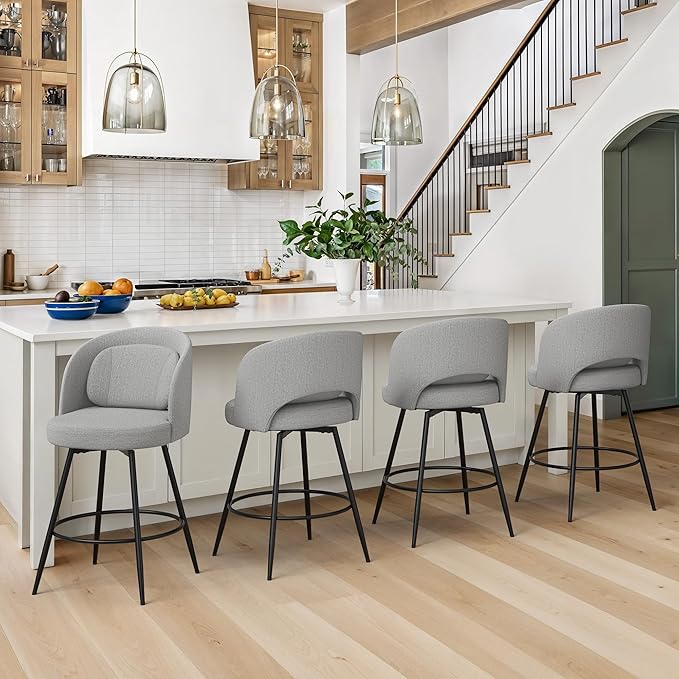 LUE BONA 26''H Swivel Bar Stools Set of 3, Counter Height Bar Stools with Backs, Lumbar Pillow and Black Metal Frames, Upholstered Morden Barstools for Kitchen Island, Linen Farbic, Gray