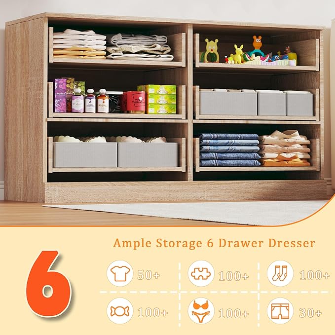 Dresser for Bedroom with 6 Drawers, Wooden Dresser with Metal Handles, Mid Century Modern Bedroom Dressers, Large Storage Organizer for Entryway, Light Oak