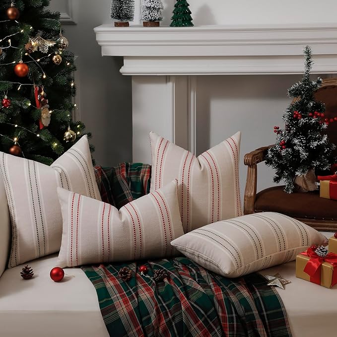 Hckot Christmas Throw Pillow Covers 16x16 Set of 2 Red Pillow Covers Textured Linen Decorative Pillows Square Cushion Covers for Sofa Couch Bed Living Room Farmhouse Decor(Red)