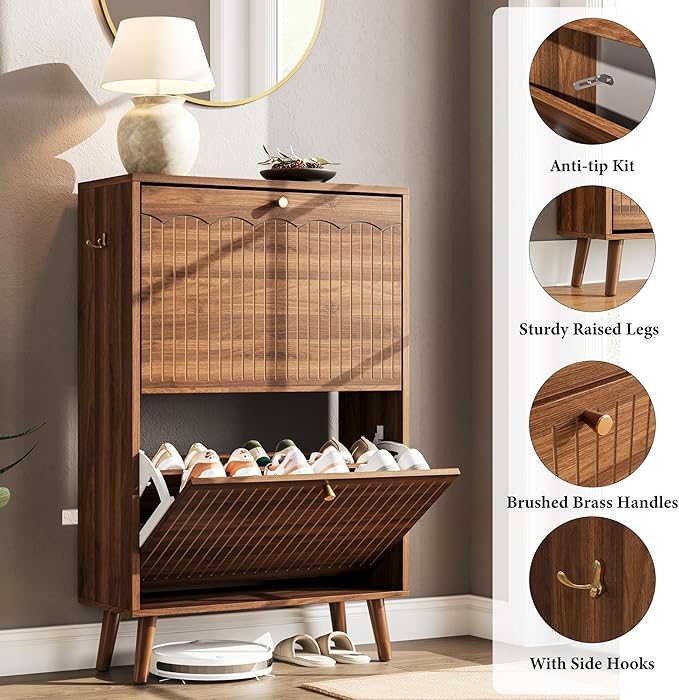 Nicetree Shoe Cabinet Storage for Entryway, 9.5" Narrow Shoe Organizer with Architectural Arched Fluted Front, Slim Shoe Rack with Adjustable Shelves,Fits Size 12 Shoes,Timeless Walnut