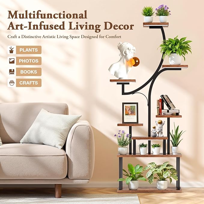 softeen Plant Stand Indoor with 4 Grow Lights & 3 Colors, 8 Tiered Corner Plant Shelf, 63" Tall Plant Stands for Indoor Plants Multiple, Metal Flower Display Shelves Holder for Home(Dark Black)