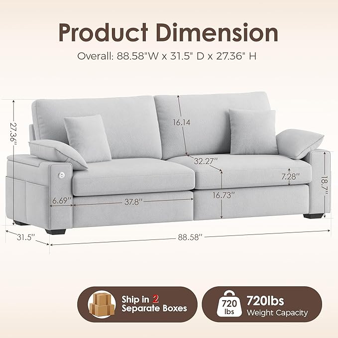 88.58" 3 Seats Deep Seat Sofa Couch, Light Grey | USB/Type-C Port, Side Storage, Removable Cover, Wide Armrest, For Small Space