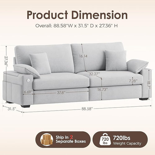 88.58" 3 Seats Deep Seat Sofa Couch, Light Grey | USB/Type-C Port, Side Storage, Removable Cover, Wide Armrest, For Small Space