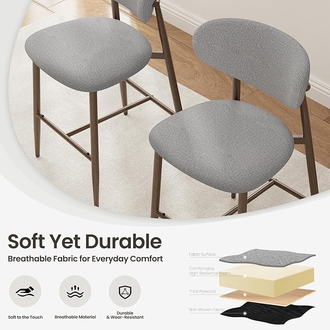 MALOL Bar Stools Set of 2, Counter Height bar stools, Kitchen Bar Stools with Backs, Modern Upholstered, Modern Bar Stools with Metal Legs for Kitchen Island, Counter, Light Grey
