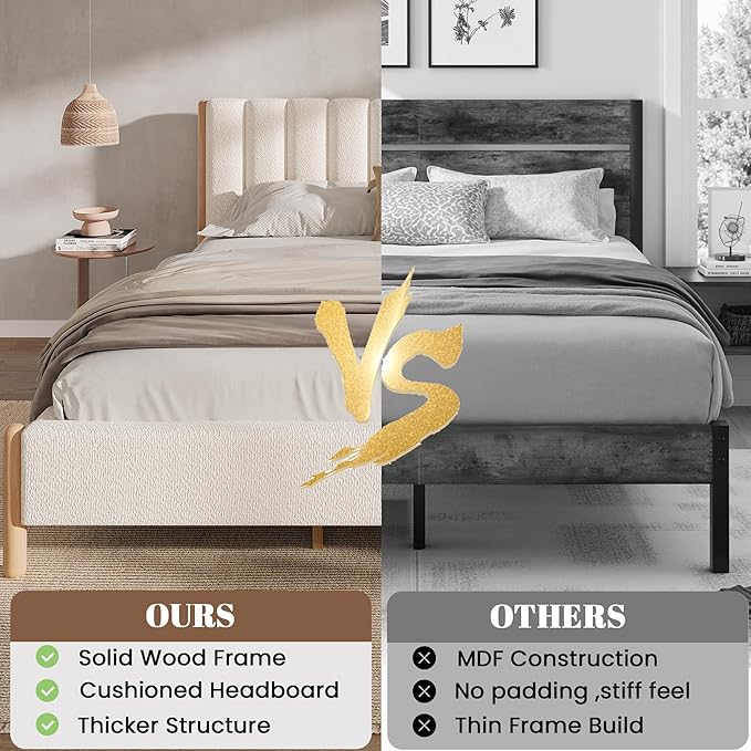 King Size Bed Frame with Boucle Upholstered Headboard, Solid Rubberwood Legs & Vertical Striped Design, Sturdy Wood Slat Support Boucle Bed Frame, No Box Spring Needed, White