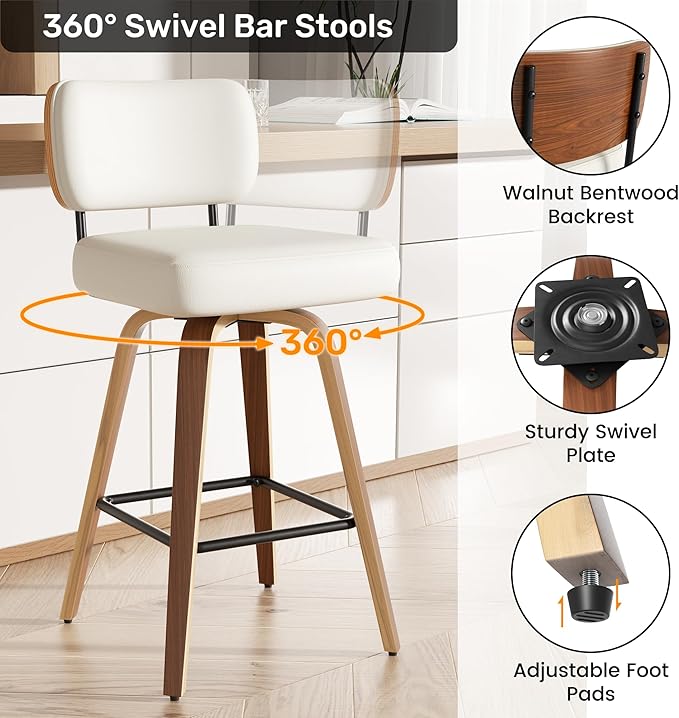 Swivel Bar Stools Set of 4, 26" Faux Leather Upholstered Counter Height Barstools with Back & Bentwood Legs, Mid Century Modern Bar Chairs Island Stools for Kitchen Counter, Cream White