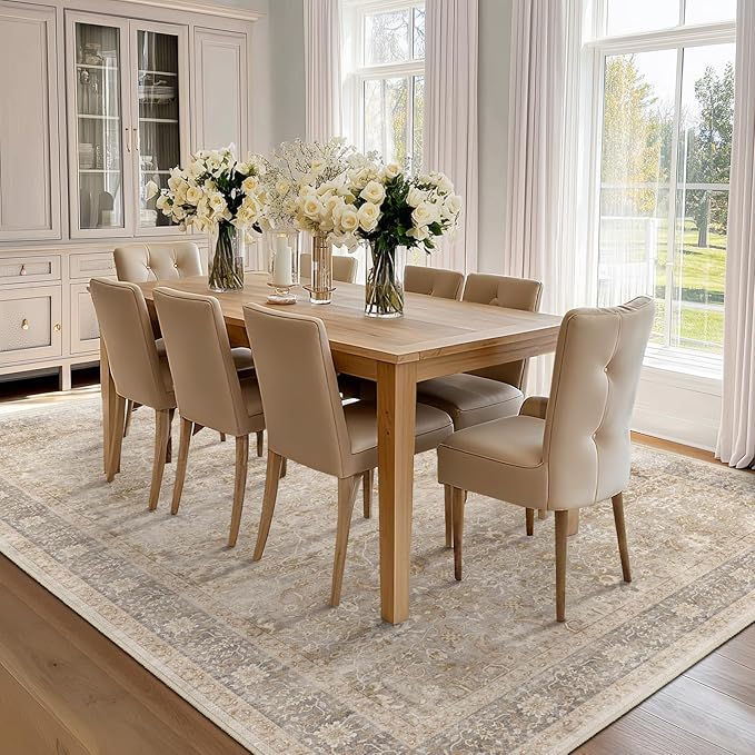 Beige Big Rug 10x12, Vintage Neutral Carpet Large Size 10x12 for Living Room Bedroom, Washable Non Slip Low Pile Thin Room Rug for Dining Room Family Room, Farmhouse Beige Taupe