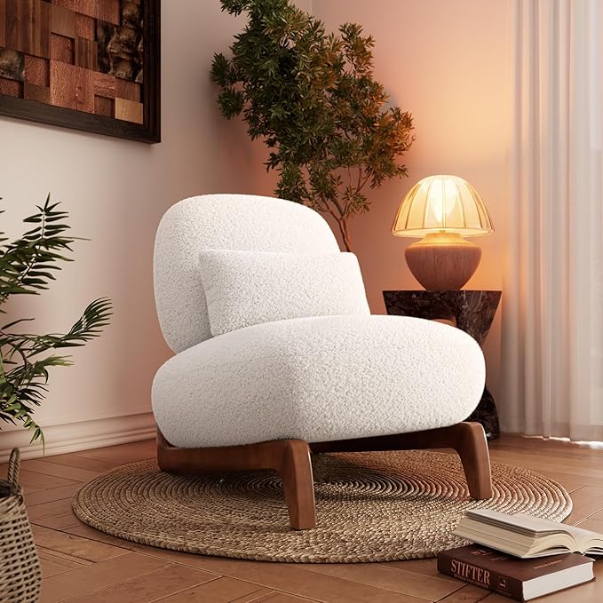 Morden Fort 2 Piece Cloud Couch Set, Modern Sherpa Boucle Sofa Set with Wood Legs, Skin-Friendly Minimalist Upholstered Comfy Couch Sofas for Living Room, 3-Seater Sofa & Tilt Back Chair, Off White
