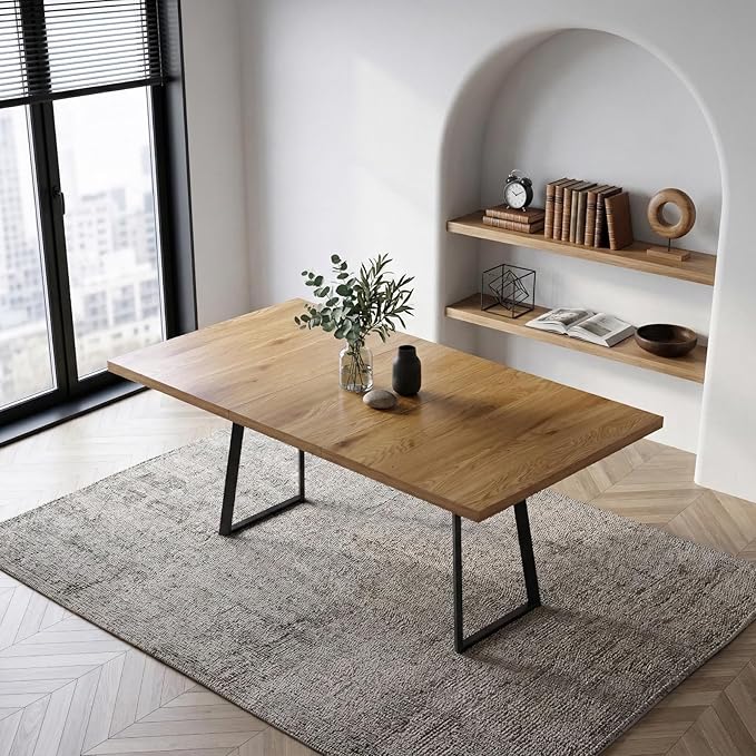 ZckyCine Extendable Dining Table Set 47"-63", Rustic Wood Table with 6 PU Leather Chairs, Modern Scandinavian Dining Room Furniture for Kitchen Apartment