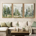 Large Framed Green Forest Landscape Wall Art for Living Room, 3 Piece Nature Pine Tree Woodland Artwork for Walls, White Foggy Mountain Modern Nordic Scenic Bedroom Office Print Wall Decor, 24x36 Inch