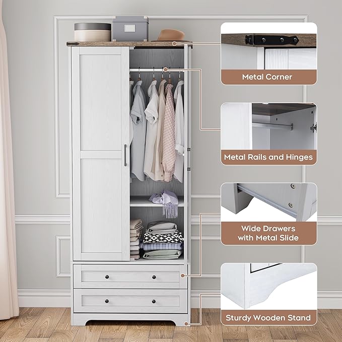 Brafab Armoire Wardrobe Closet with 2 Modern Doors Set of 2, 71" Tall Freestanding Closet Wardrobe Cabinet with Drawers and Hanging Rail, Light Wooden Storage Cabinet with Shelve for Bedroom, White