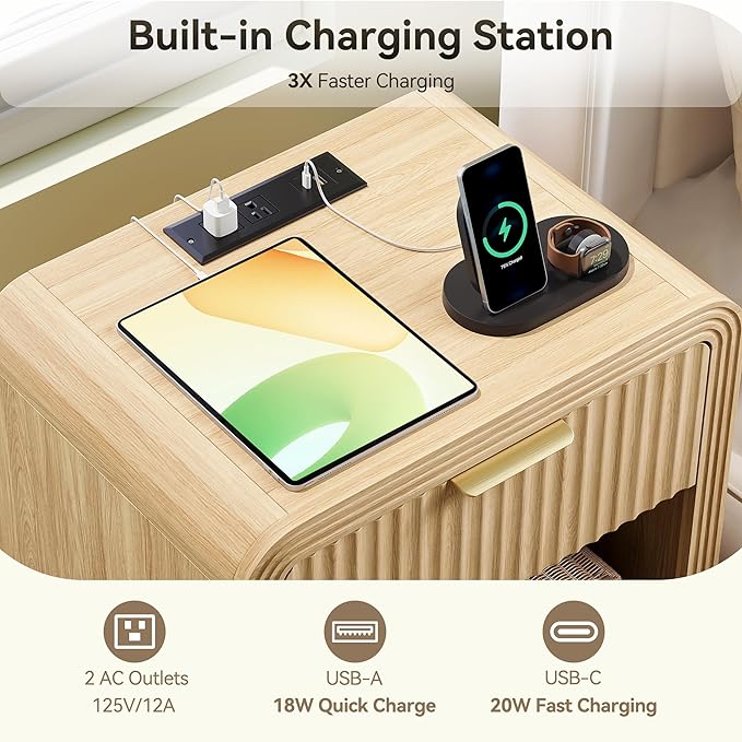 Decofy Fluted Nightstand with Charging Station, Modern Bedroom Side Table with Gold Handles, Curved Profile Design, End Table Wood Organizer for Bedroom, Open Shelf & 1 Drawers (1 Pack, Natural Oak)