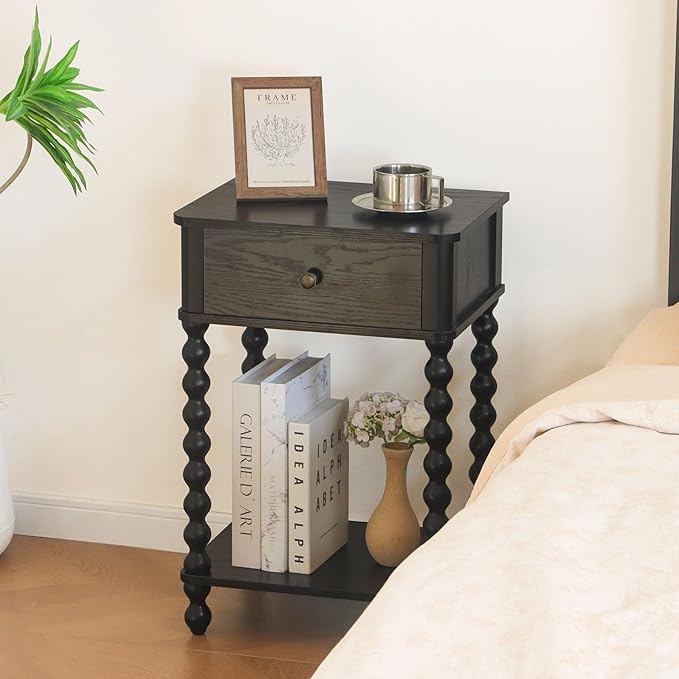 AWASEN Black Nightstand, Bedroom Side Table with Drawer for Living Room, Small Bedside End Table with Spindle Wood Legs for Bedroom, Office, Black