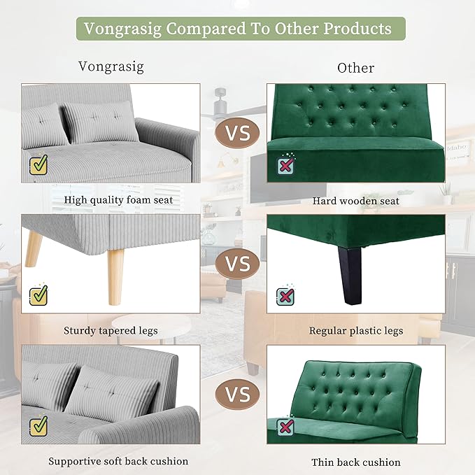 Vongrasig 48" Small Modern Loveseat Sofa, Mid Century Soft Corduroy Fabric 2-Seat Sofa Couch Tufted Love Seat with Back Cushions and Tapered Legs for Living Room, Bedroom and Small Space (Light Gray)