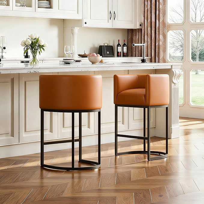 Modern Counter Height Bar Stools,Bar Stools Set of 3,PU Leather Upholstered Barrel Barstools with Backs,24'' Kitchen Island Chairs,Metal Black Frames,Camel Brown Leather