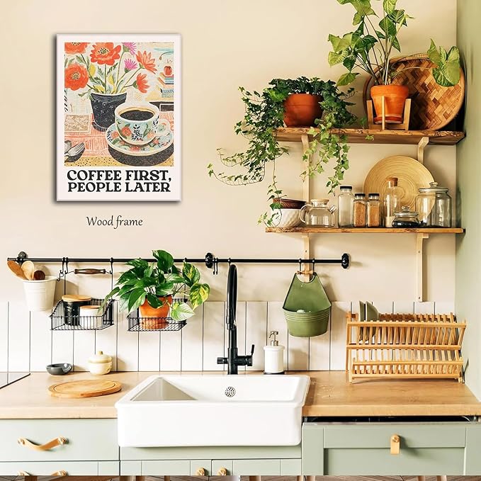 Vintage Coffee Kitchen Canvas Wall Art Set of 3, Fashion Aesthetic Flowers Espresso Poster Picture, Simple Travel Drinks Wall Decor Painting Prints for Dining Room Cafe Bar 16x24 Inch Framed