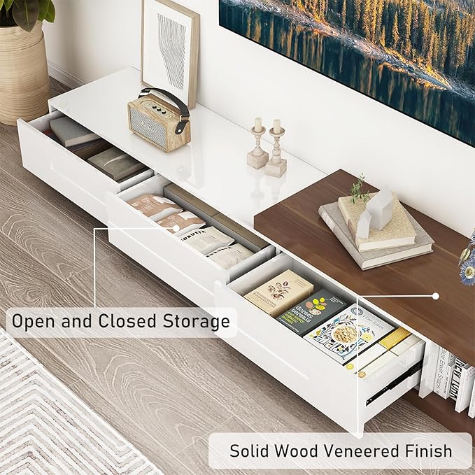 Hlivelood Extendable TV Stand, Modern Entertainment Center for Up to 120 Inch TV, Wood Reversible TV Media Console with 3 Drawers for Living Room Bedroom, 82-110"(White& Walnut)