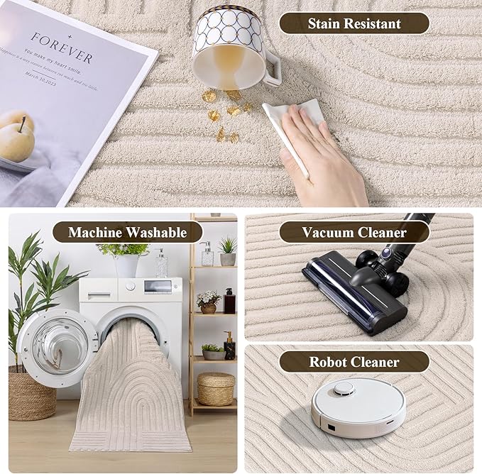 SHACOS Soft Cozy Fluffy Arch Pattern High Low Pile Runner Rugs 2'x6' Non Slip Washable Scandinavian Minimalist Rug Modern Geometric Arc Carpet for Living Room Bedroom Bathroom, Beige