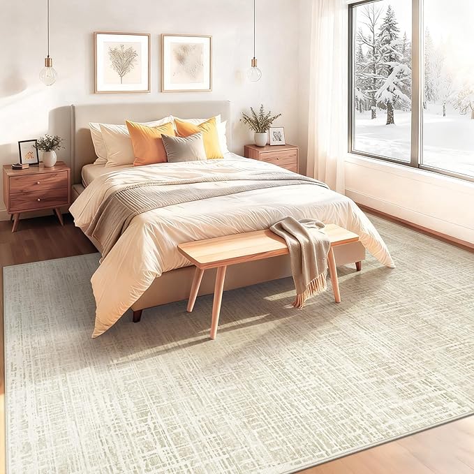 8x10 Area Rugs Washable Rug, Abstract Living Room Rug Large Neutral Modern Area Rug Soft Non Slip Low Pile Stain Resistant Indoor Carpet for Bedroom Nursery Kids Dining Room Office(Beige, 8'x10')