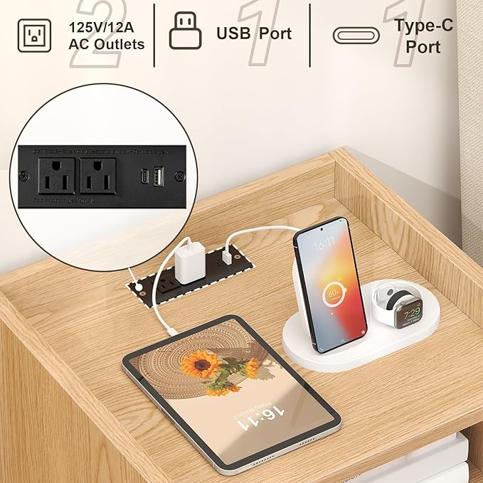 MECHYIN Night Stand Set 2, Nightstands Set of 2 with Charging Station, Rattan Side Tables with Solid Wood Legs, Boho Bedside End Table for Apartment Bedroom Dorm Small Space - Natural