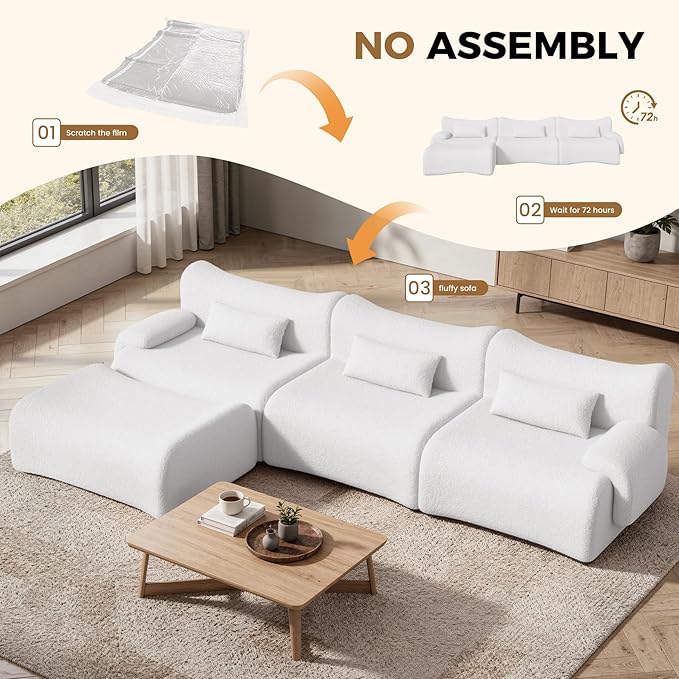 Cloud Couch Sectional, L Shaped Boneless Couches for Living Room - Oversized Modular Sofa with Deep Seats, Modern Couches with Movable Ottoman,White