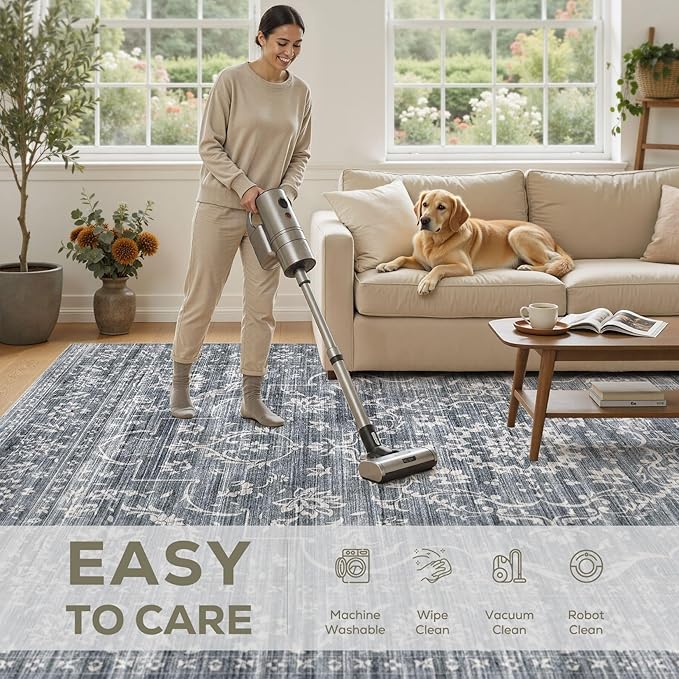 9x12 Area Rug Living Room: Washable Large Vintage Grey Rug Neutral Non-Slip Soft Stain Resistant Indoor Carpet for Bedroom Nursery Dining Room Under Table Bed Home House Office Playroom - Retro Blue
