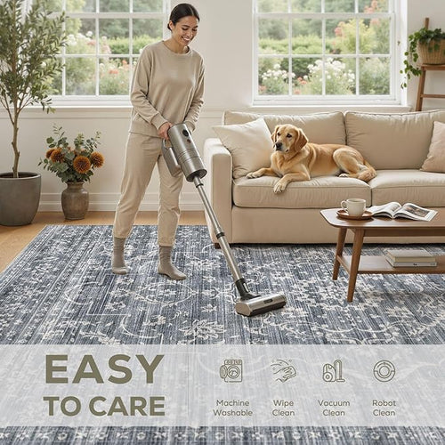 5x7 Area Rug Living Room: Washable Large Vintage Grey Rug Neutral Non-Slip Soft Stain Resistant Indoor Carpet for Bedroom Nursery Dining Room Under Table Bed Home House Office Playroom - Retro Blue