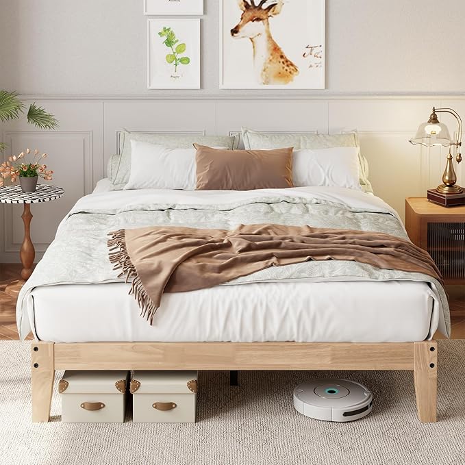 Full Size Solid Wood Platform Bed - Noise-Free Design with Metal and Wood Slat Support, No Box Spring Needed, Easy Assembly, Natural Wood Finish